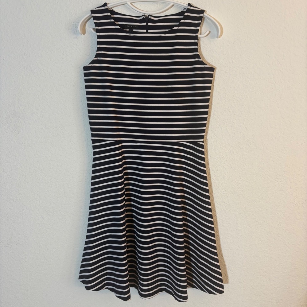 Talbots Striped Fit & Flare Dress Womens Petite Small Navy Blue White